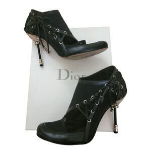Christian Dior Vintage John Galliano Black Leather Bootie Boots Heels 6.5 36.5